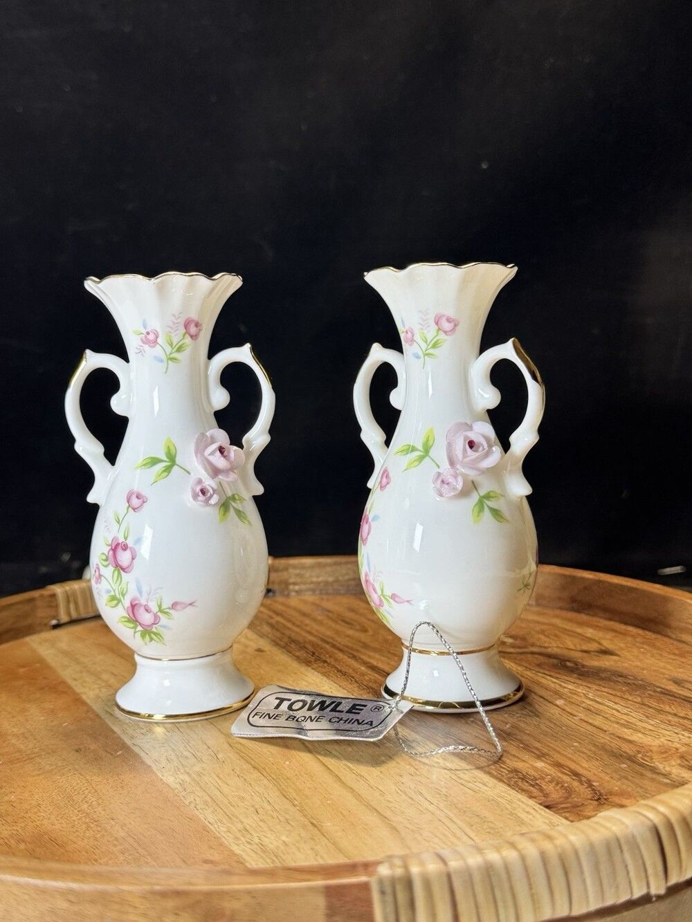 Towel Fine Bone China Bud Vases Rose 3d Gold Trim 2
